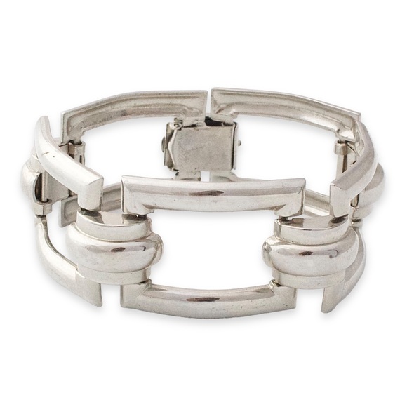 Vintage Coro Panel Bracelet Silver Tone Wide Rectangle Link Modernist - Picture 3 of 5